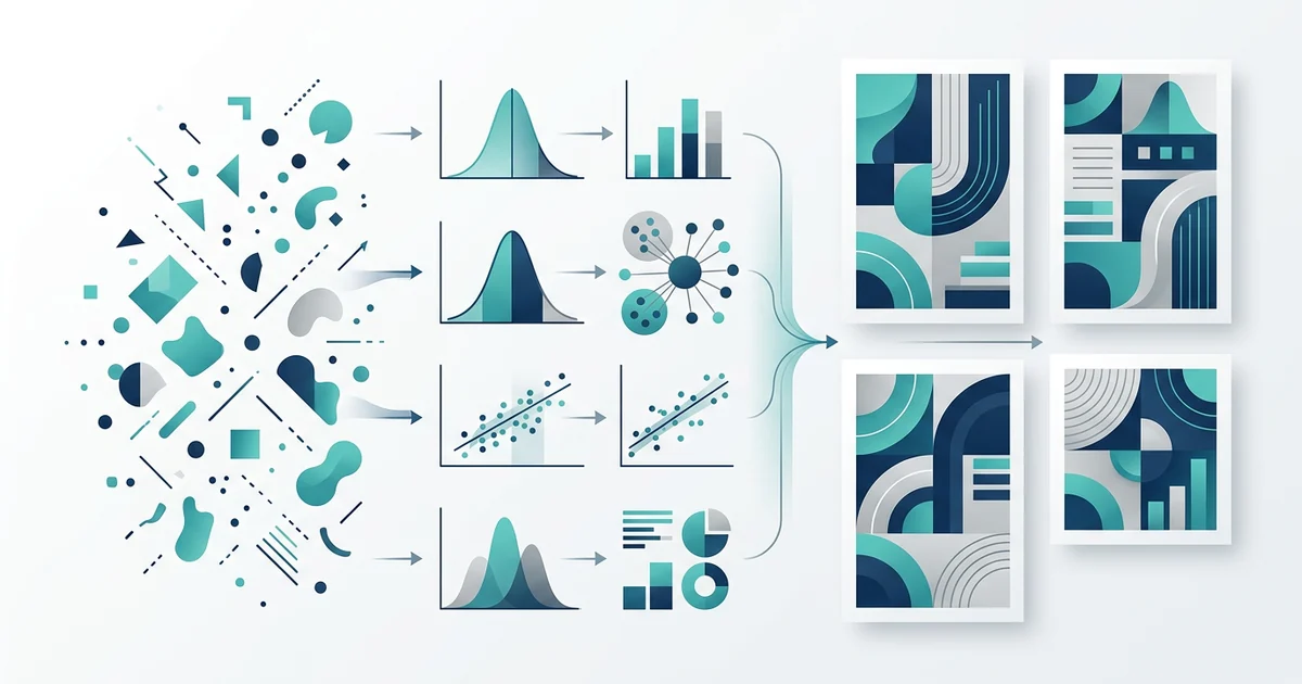 Ilustração editorial de dados sendo organizados em análises estatísticas e visualizações científicas no EstatBovi Blog.